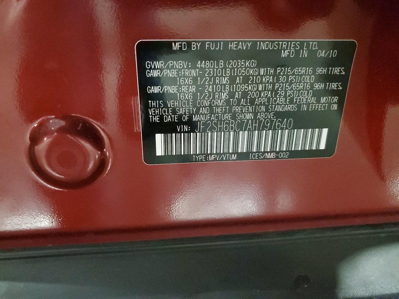 2010 Subaru Forester Xs VIN: JF2SH6BC7AH797640 Lot: 69820075