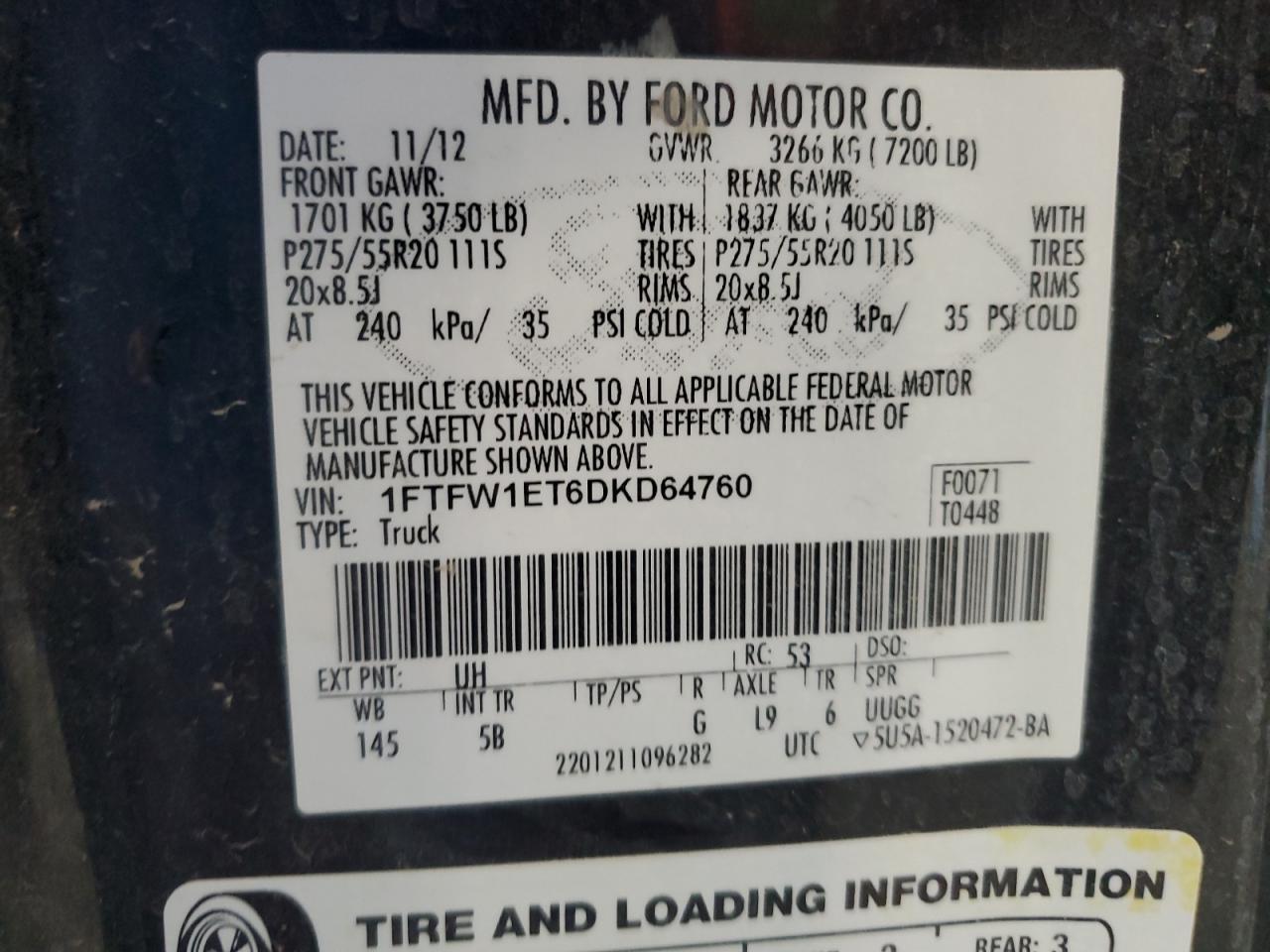 2013 Ford F150 Supercrew VIN: 1FTFW1ET6DKD64760 Lot: 68948975