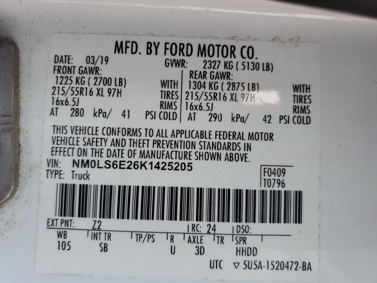2019 Ford Transit Connect Xl VIN: NM0LS6E26K1425205 Lot: 67573445
