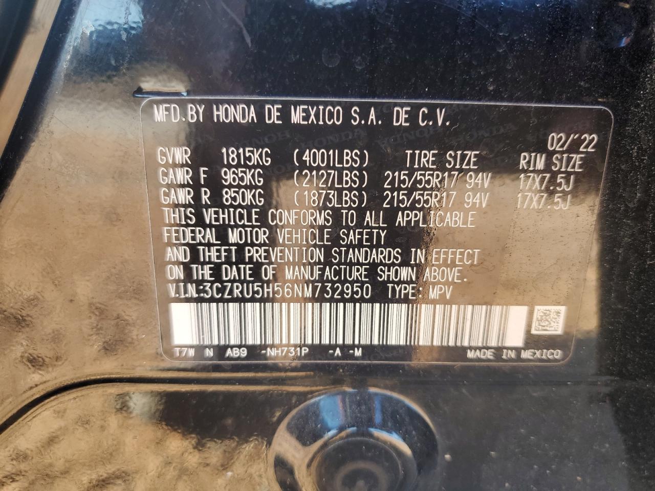 2022 Honda Hr-V Ex VIN: 3CZRU5H56NM732950 Lot: 70494795