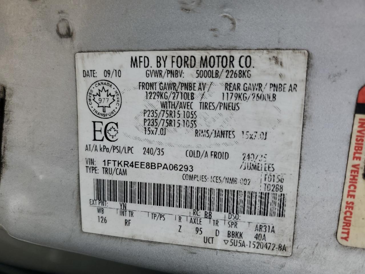 2011 Ford Ranger Super Cab VIN: 1FTKR4EE8BPA06293 Lot: 68924005