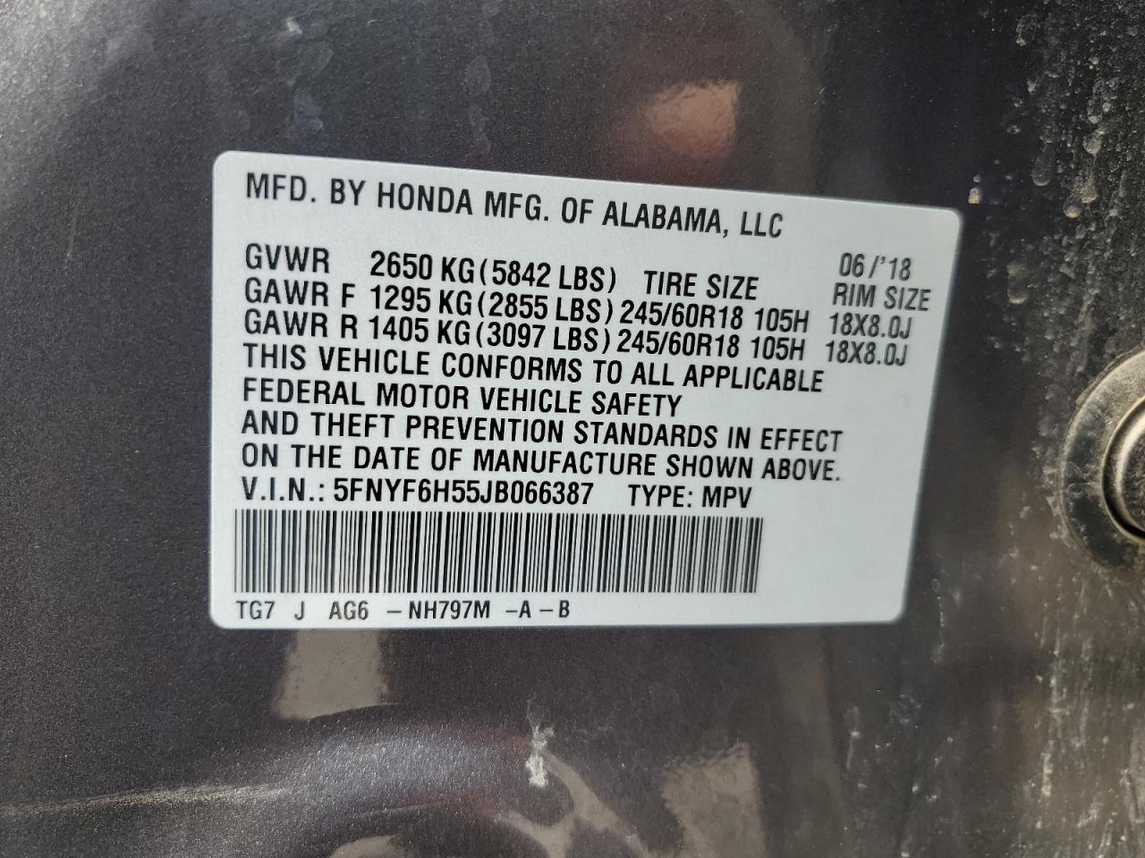 2018 Honda Pilot Exl VIN: 5FNYF6H55JB066387 Lot: 67534025