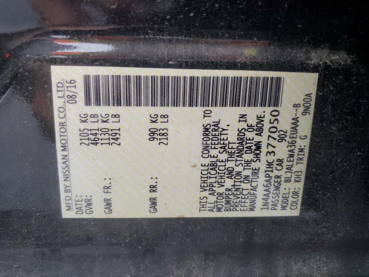 2017 Nissan Maxima 3.5S VIN: 1N4AA6AP1HC377050 Lot: 70216615