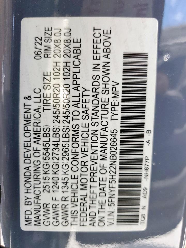2022 Honda Pilot Se VIN: 5FNYF5H22NB026645 Lot: 69376175