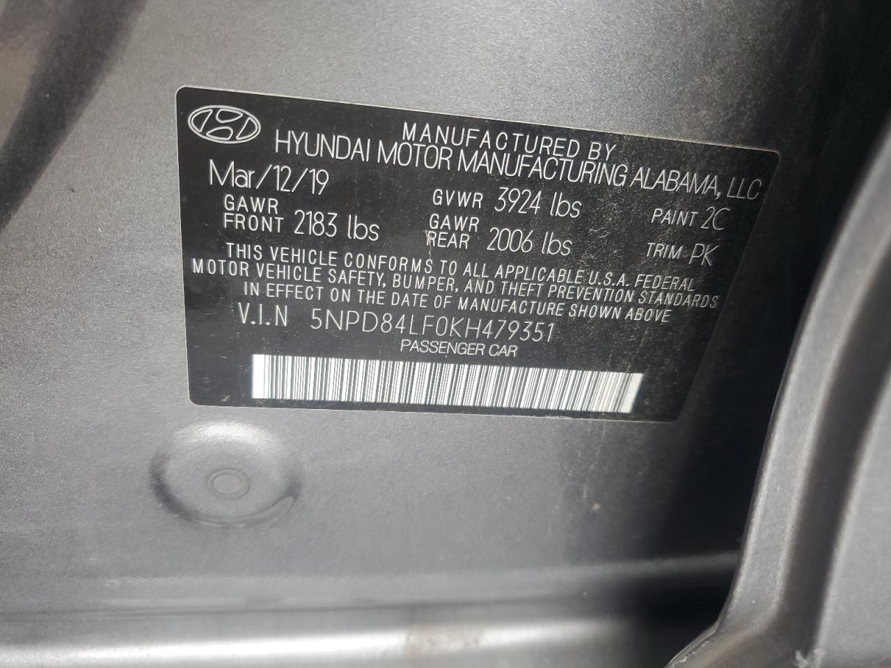 2019 Hyundai Elantra Sel VIN: 5NPD84LF0KH479351 Lot: 68914485