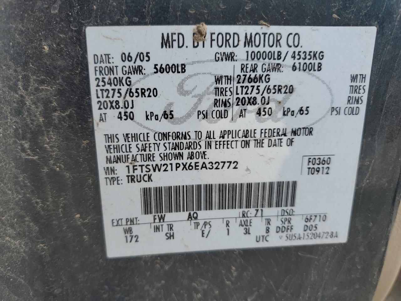 2006 Ford F250 Super Duty VIN: 1FTSW21PX6EA32772 Lot: 71691085