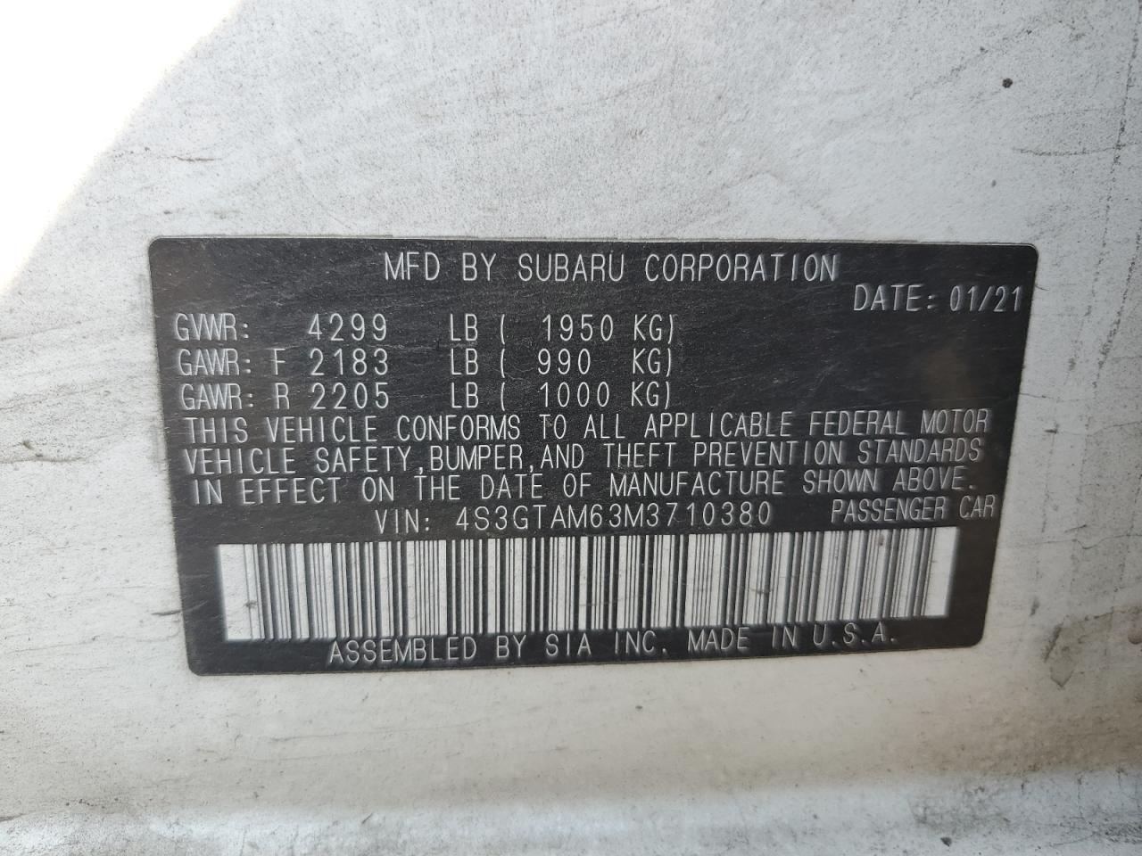 2021 Subaru Impreza Sport VIN: 4S3GTAM63M3710380 Lot: 70469795