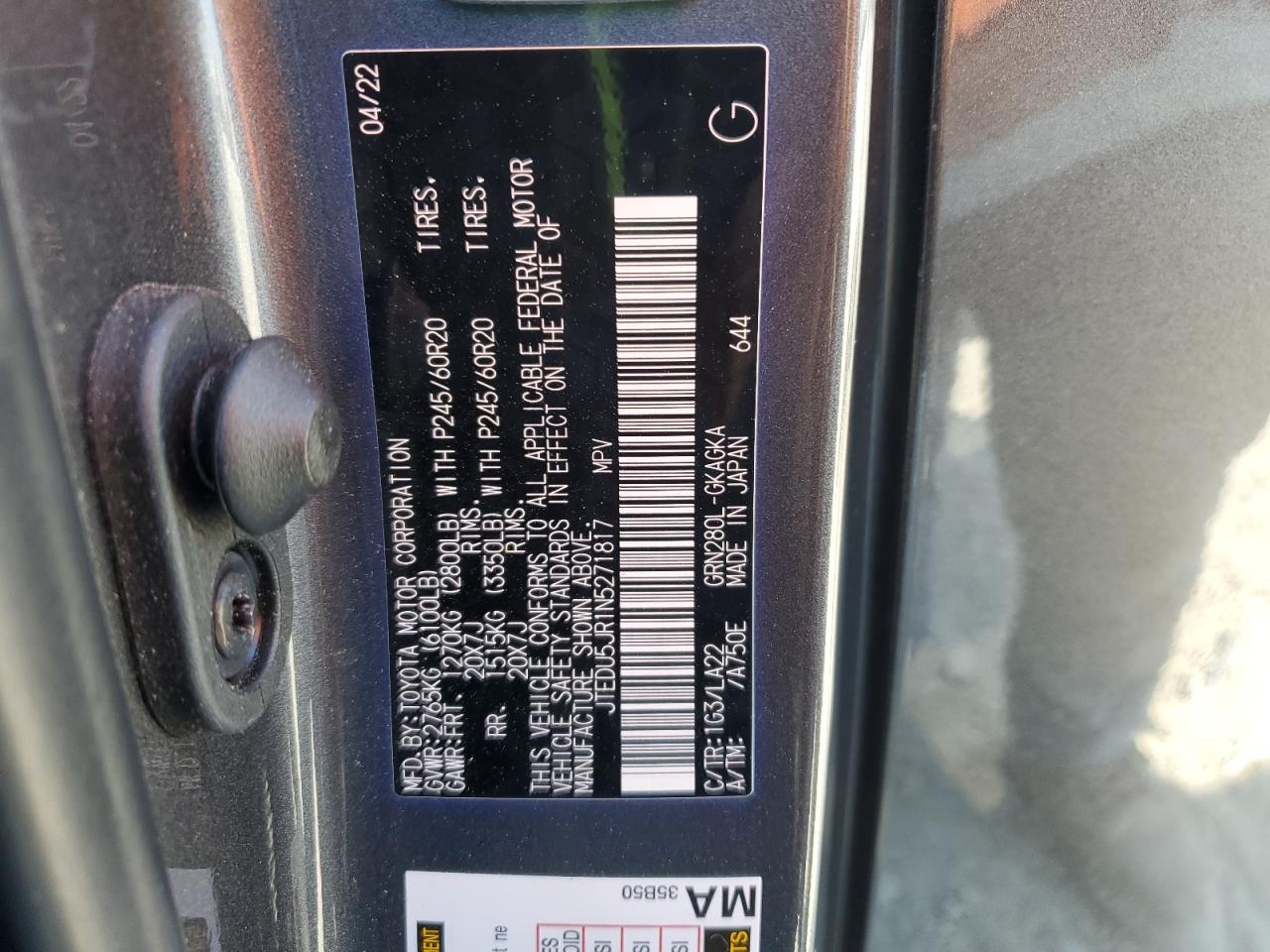 2022 Toyota 4Runner Night Shade VIN: JTEDU5JR1N5271817 Lot: 70109695