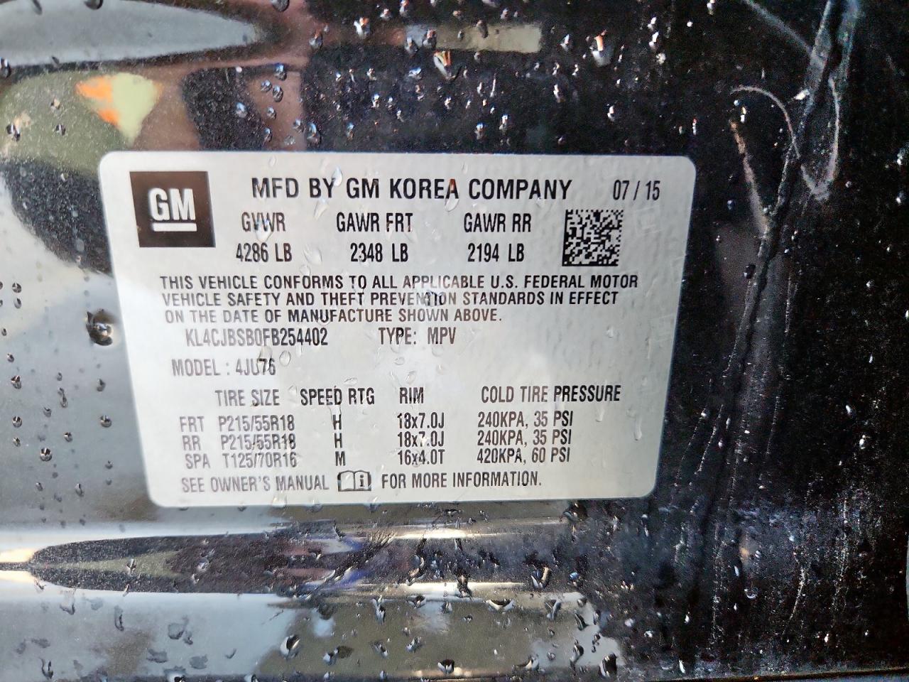 2015 Buick Encore Convenience VIN: KL4CJBSB0FB254402 Lot: 69303805