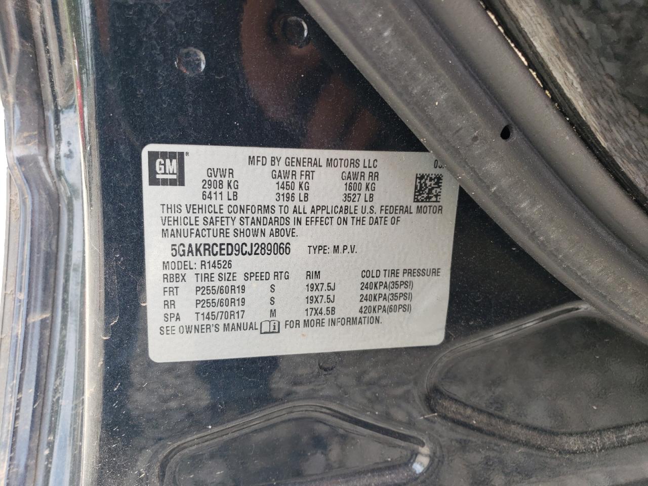 2012 Buick Enclave VIN: 5GAKRCED9CJ289066 Lot: 67749415