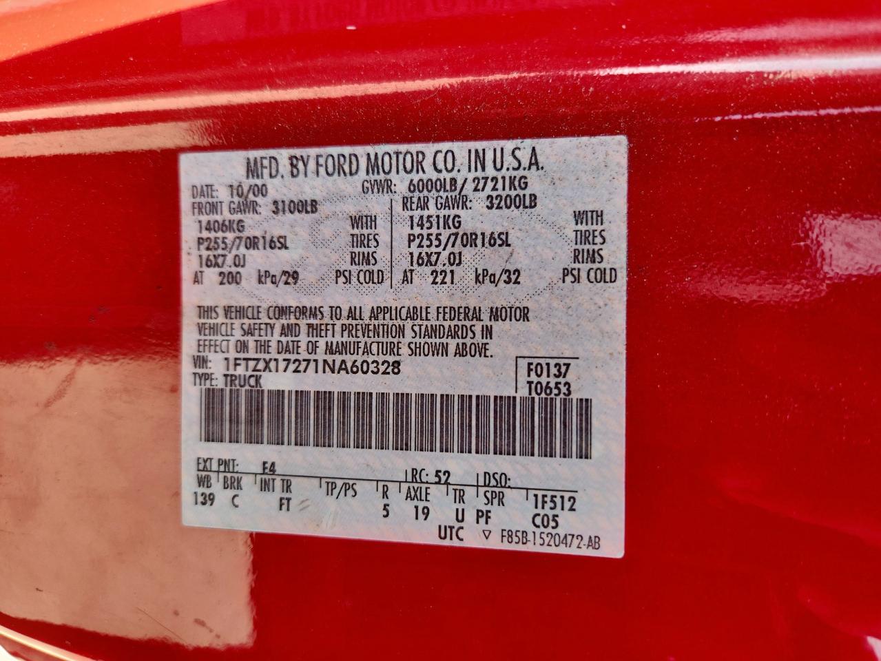 2001 Ford F150 VIN: 1FTZX17271NA60328 Lot: 67808715