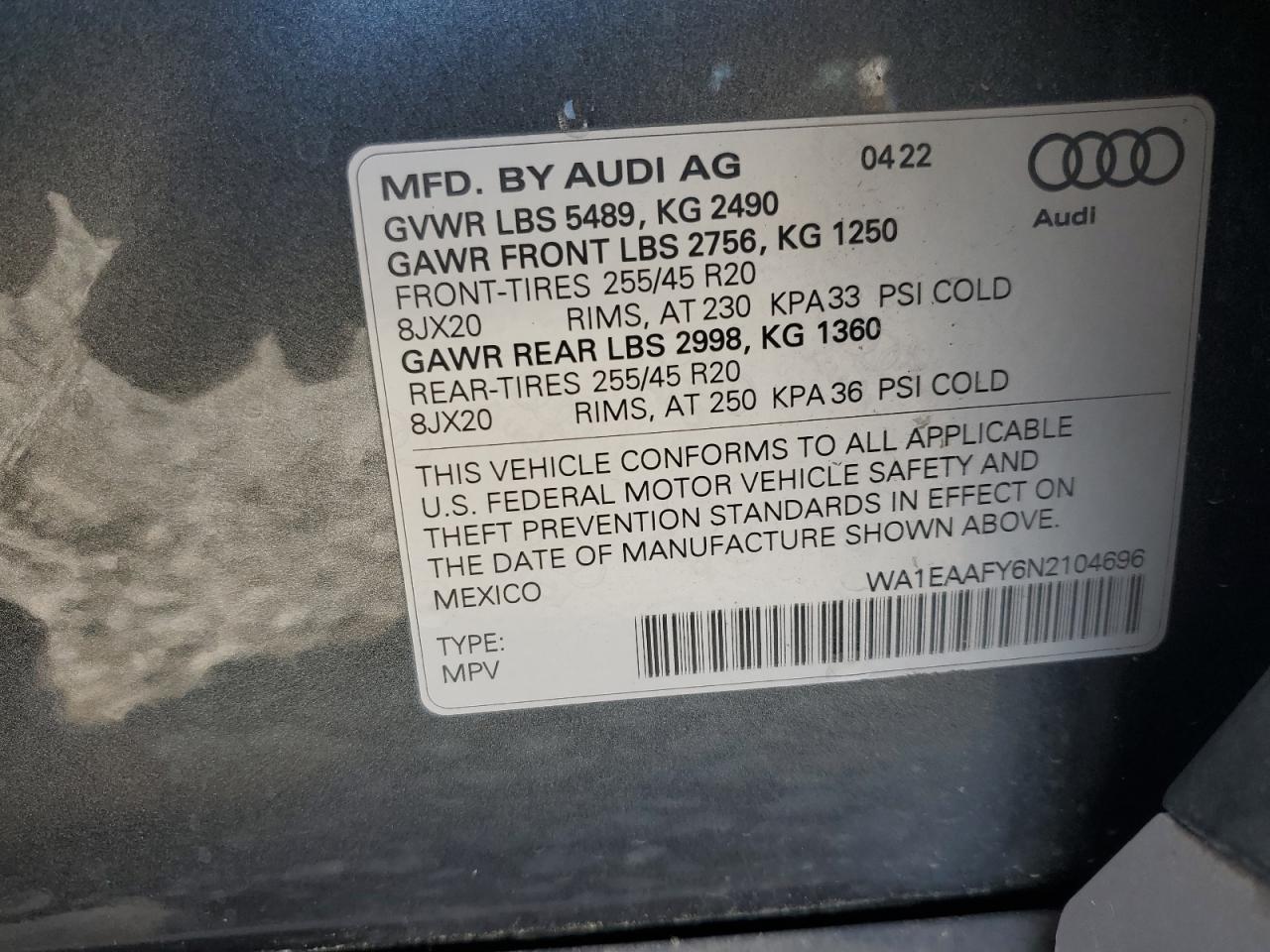 2022 Audi Q5 Premium Plus 45 VIN: WA1EAAFY6N2104696 Lot: 83982485