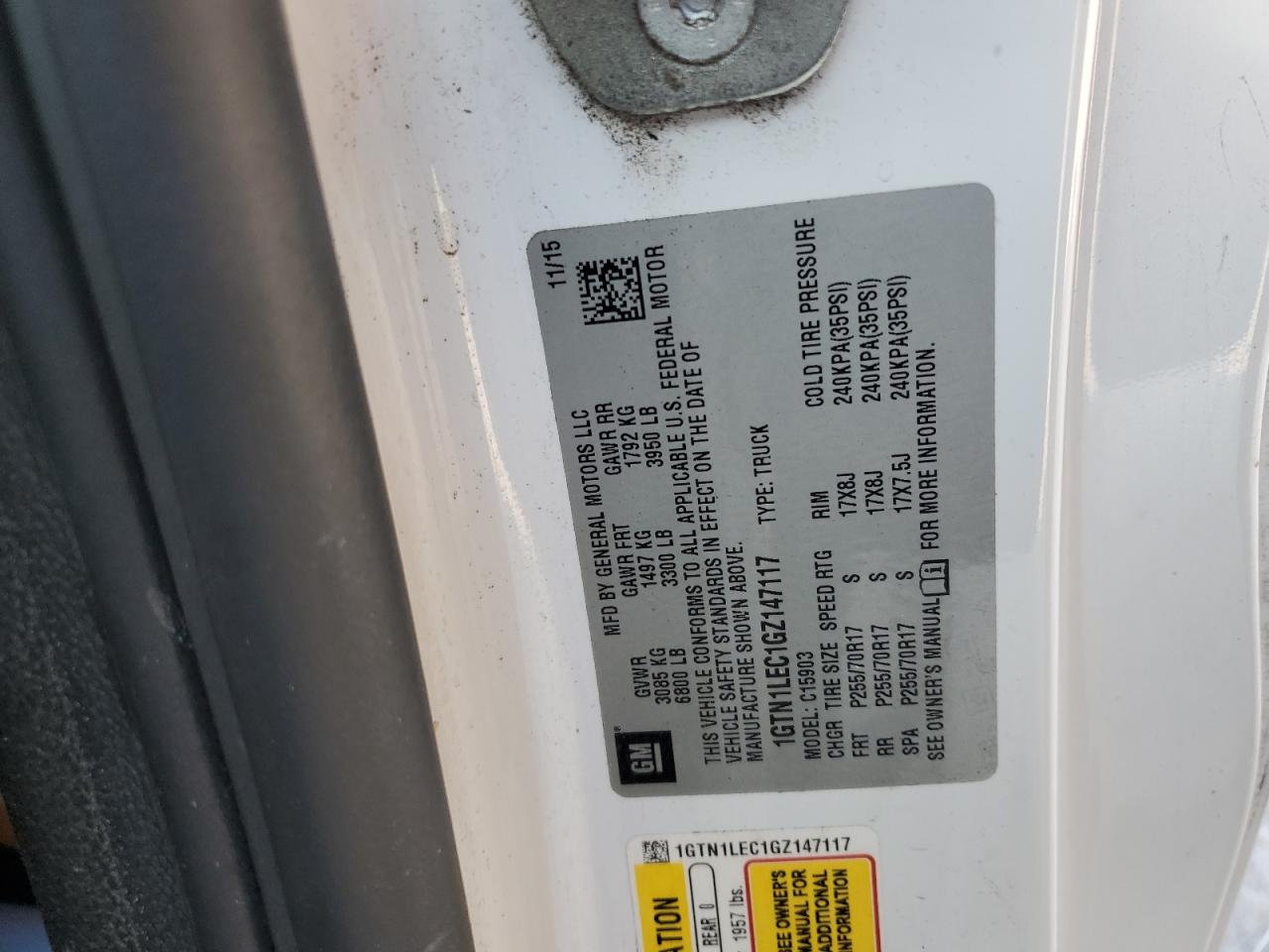 2016 GMC Sierra C1500 VIN: 1GTN1LEC1GZ147117 Lot: 70667005