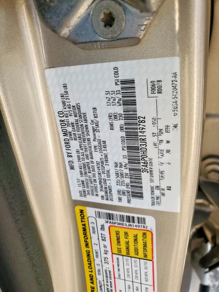 2018 Ford Fusion Se VIN: 3FA6P0HD3JR149782 Lot: 70307375