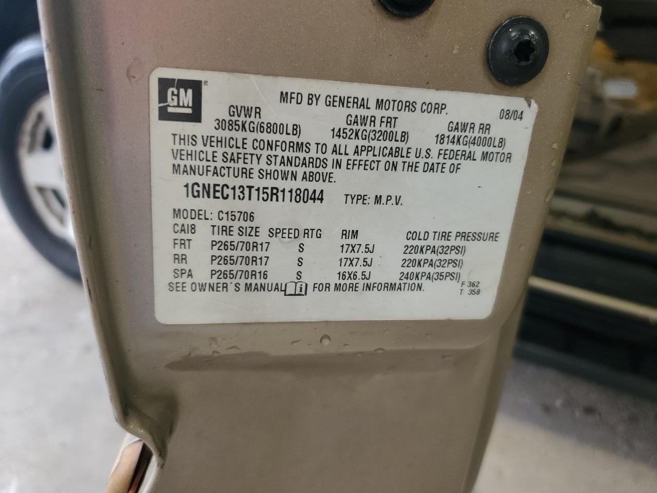 2005 Chevrolet Tahoe C1500 VIN: 1GNEC13T15R118044 Lot: 71052495