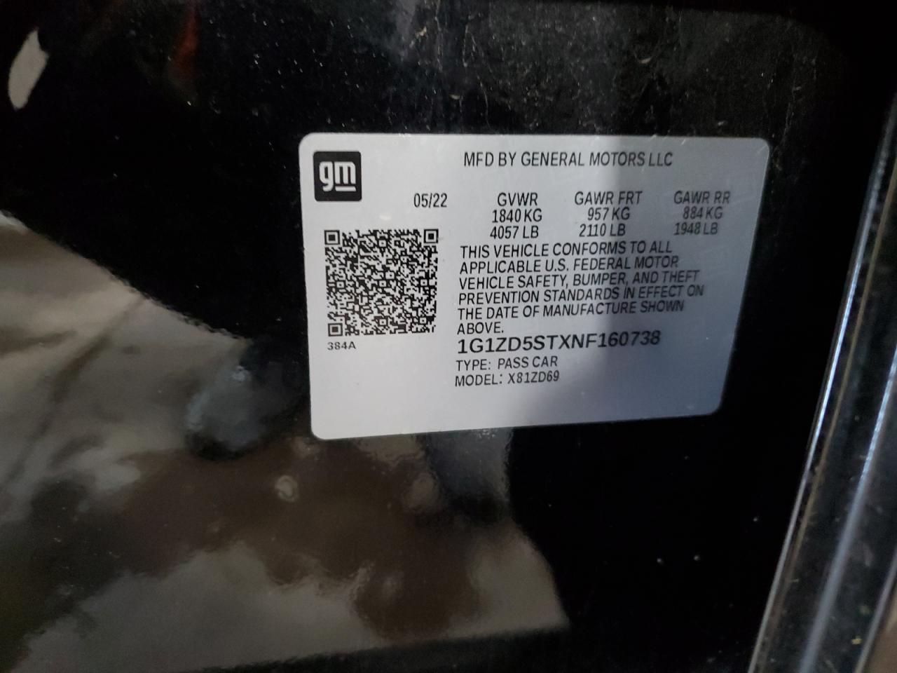 2022 Chevrolet Malibu Lt VIN: 1G1ZD5STXNF160738 Lot: 69231985