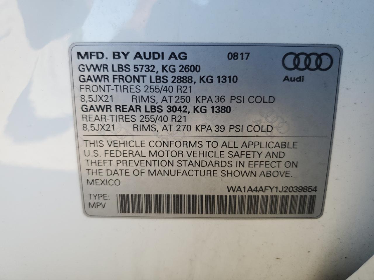 2018 Audi Sq5 Premium Plus VIN: WA1A4AFY1J2039854 Lot: 69447095