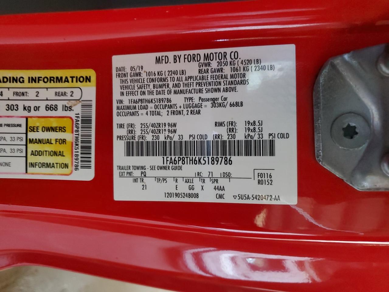 2019 Ford Mustang VIN: 1FA6P8TH6K5189786 Lot: 68297875