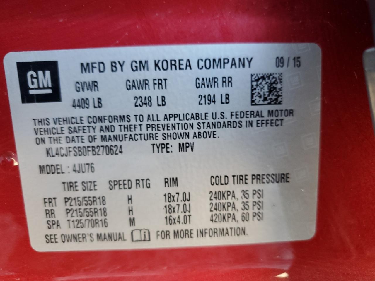 2015 Buick Encore Convenience VIN: KL4CJFSB0FB270624 Lot: 70477855