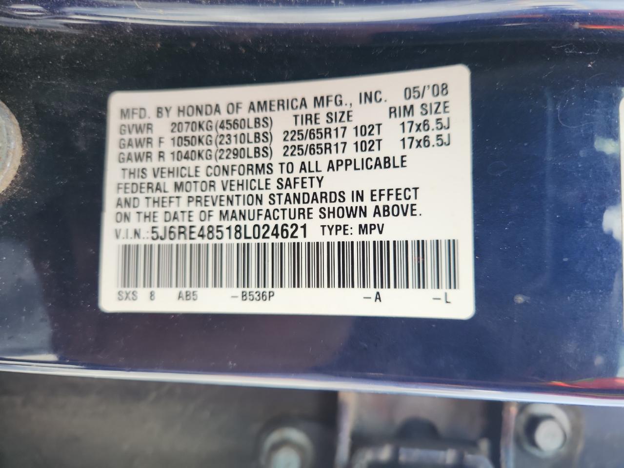 2008 Honda Cr-V Ex VIN: 5J6RE48518L024621 Lot: 68254905