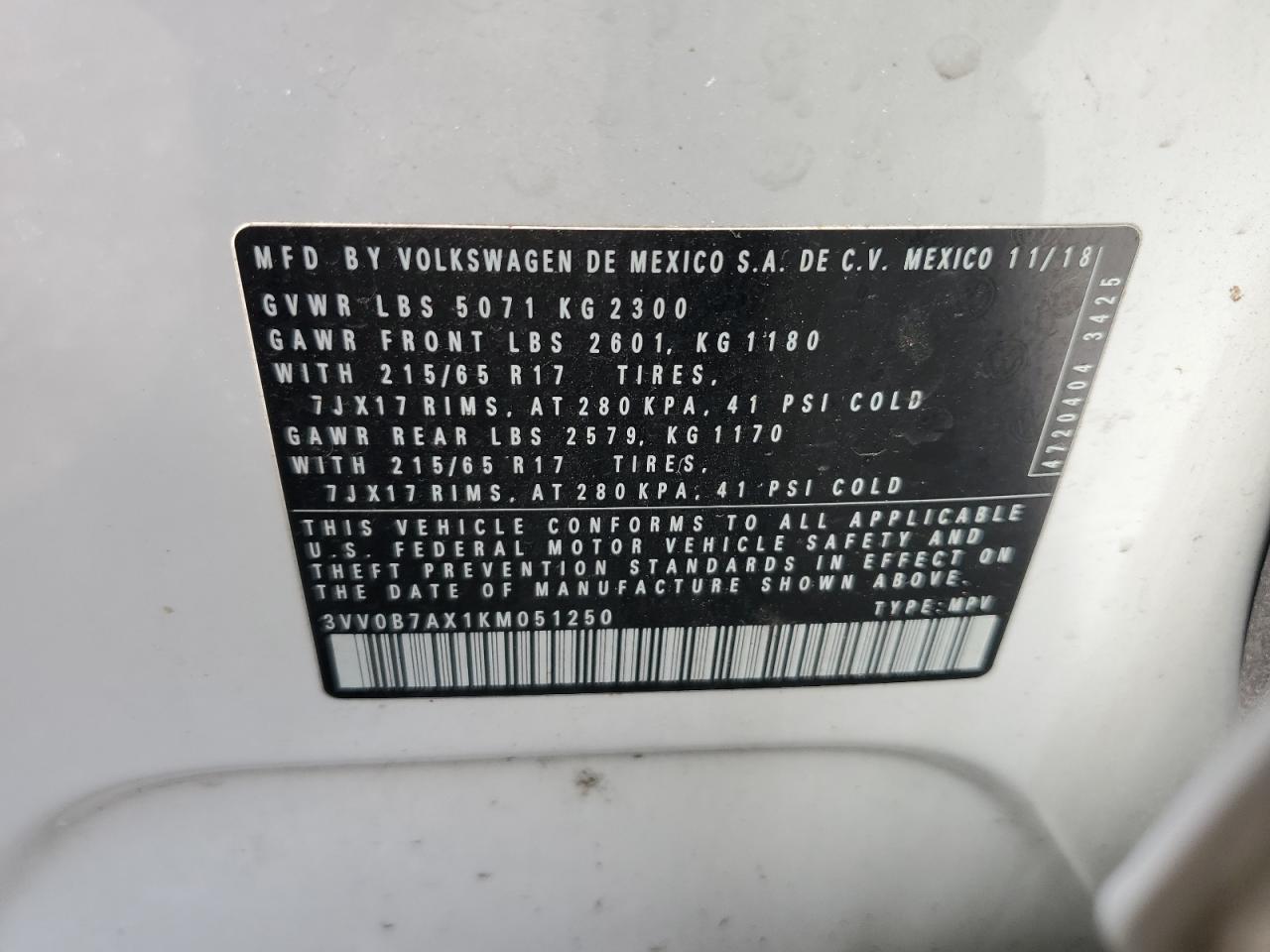 2019 Volkswagen Tiguan S VIN: 3VV0B7AX1KM051250 Lot: 70844515