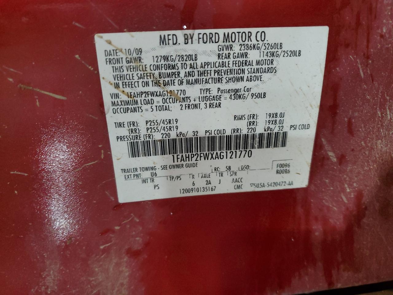 2010 Ford Taurus Limited VIN: 1FAHP2FWXAG121770 Lot: 67472415