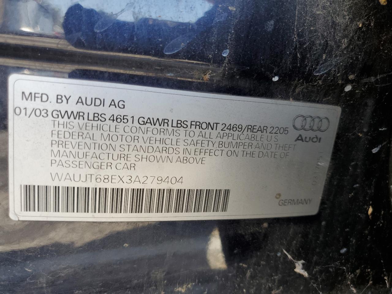 2003 Audi A4 3.0 VIN: WAUJT68EX3A279404 Lot: 68441045