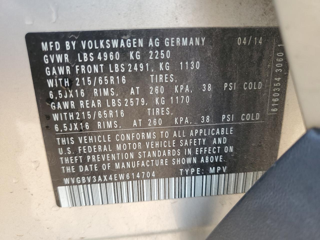 2014 Volkswagen Tiguan S VIN: WVGBV3AX4EW614704 Lot: 68713655