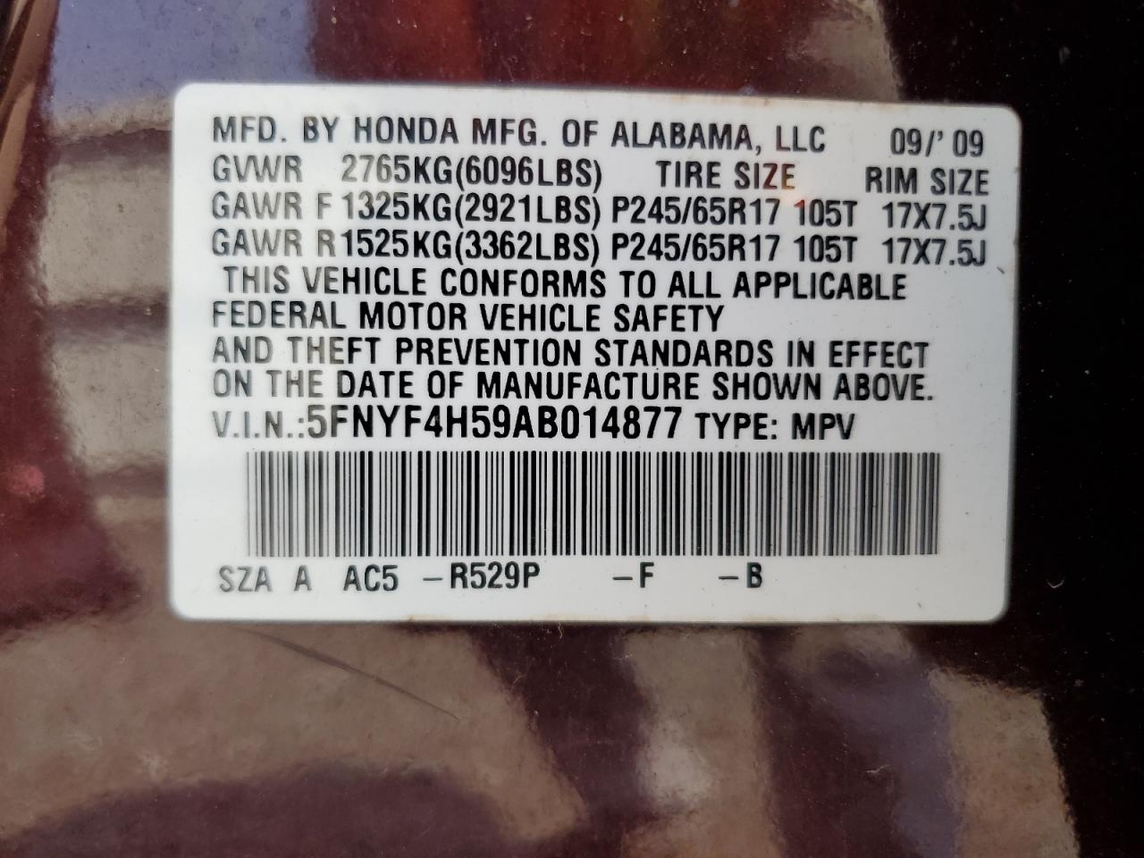2010 Honda Pilot Exl VIN: 5FNYF4H59AB014877 Lot: 65188105
