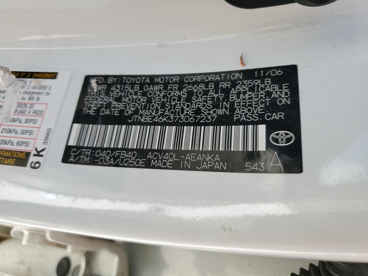 2007 Toyota Camry Ce VIN: JTNBE46K373067237 Lot: 69549655