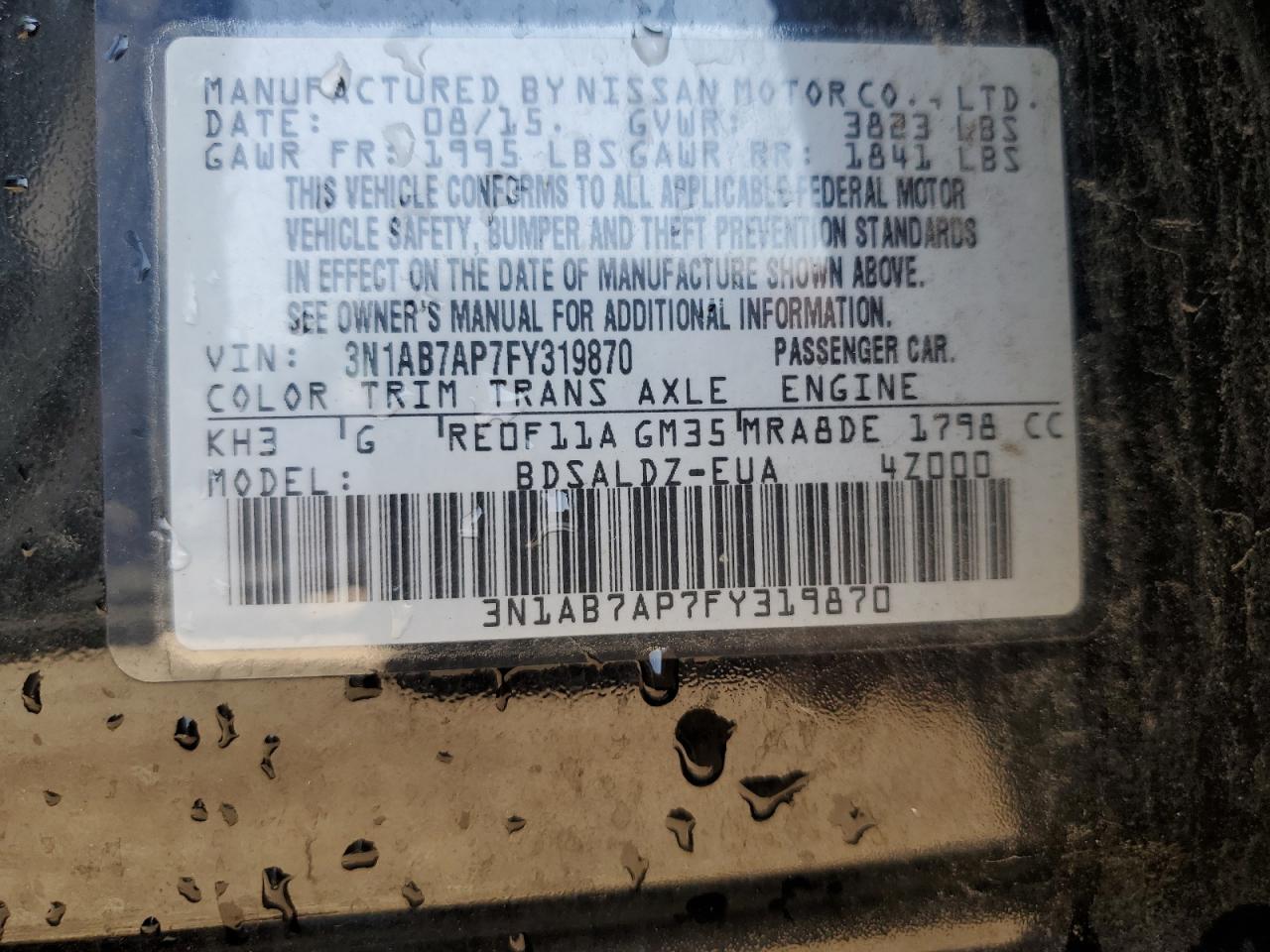 2015 Nissan Sentra S VIN: 3N1AB7AP7FY319870 Lot: 68687635