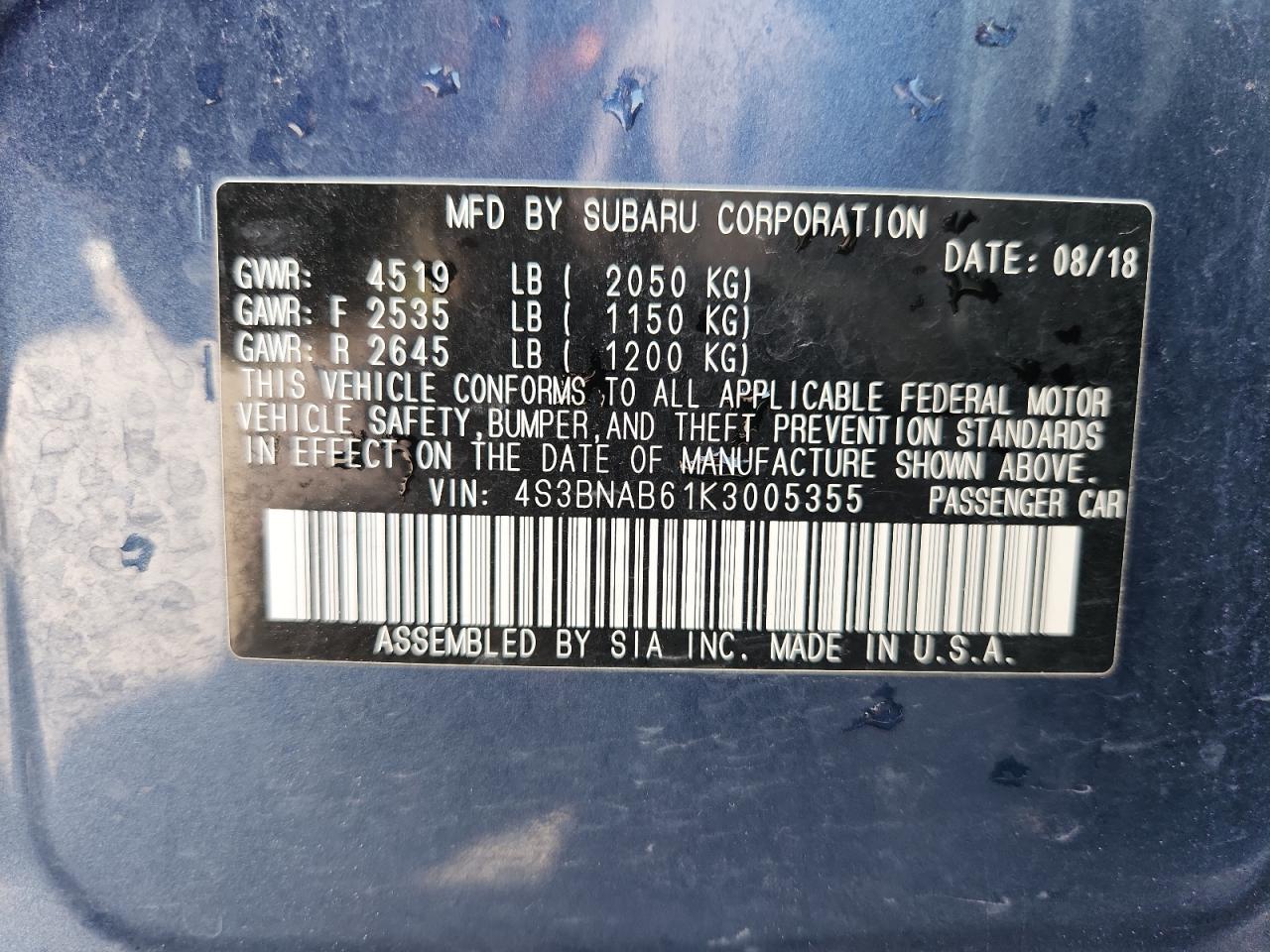 2019 Subaru Legacy 2.5I VIN: 4S3BNAB61K3005355 Lot: 69964555