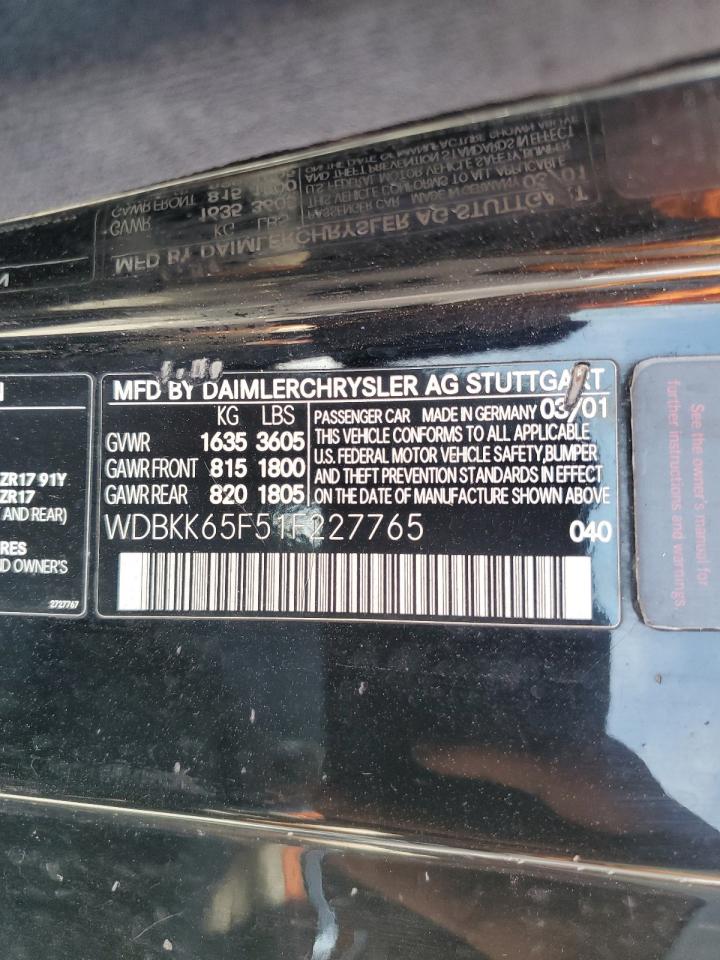 2001 Mercedes-Benz Slk 320 VIN: WDBKK65F51F227765 Lot: 67846605