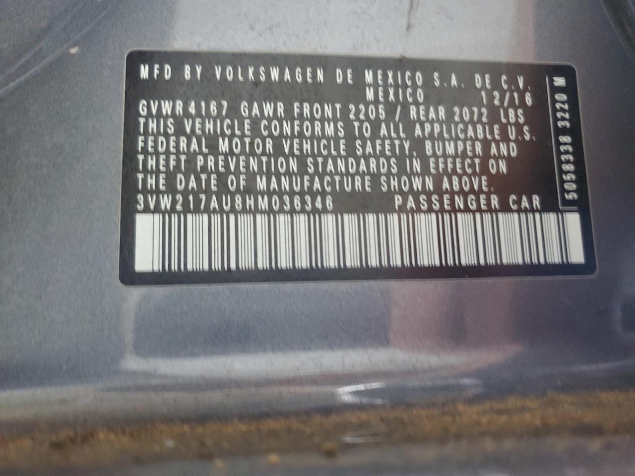 2017 Volkswagen Golf S VIN: 3VW217AU8HM036346 Lot: 67943165
