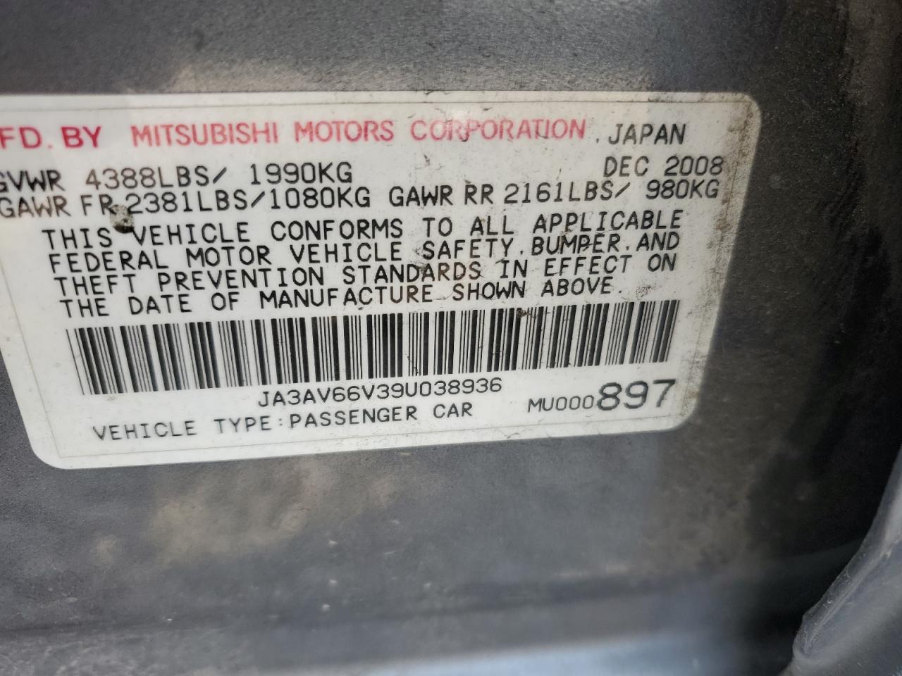 2009 Mitsubishi Lancer Ralliart VIN: JA3AV66V39U038936 Lot: 70424625