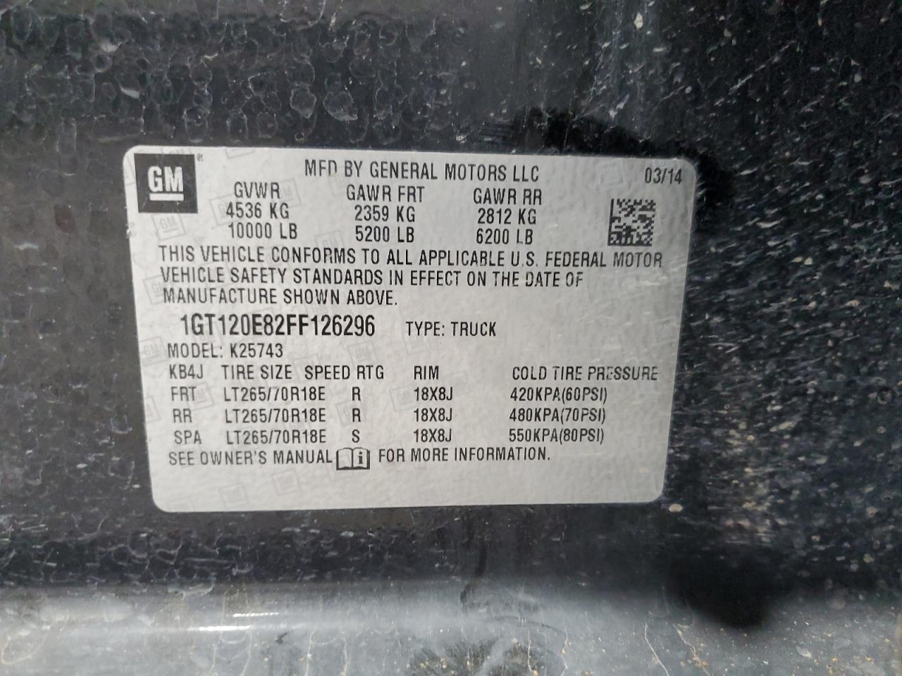 2015 GMC Sierra K2500 Denali VIN: 1GT120E82FF126296 Lot: 70681805