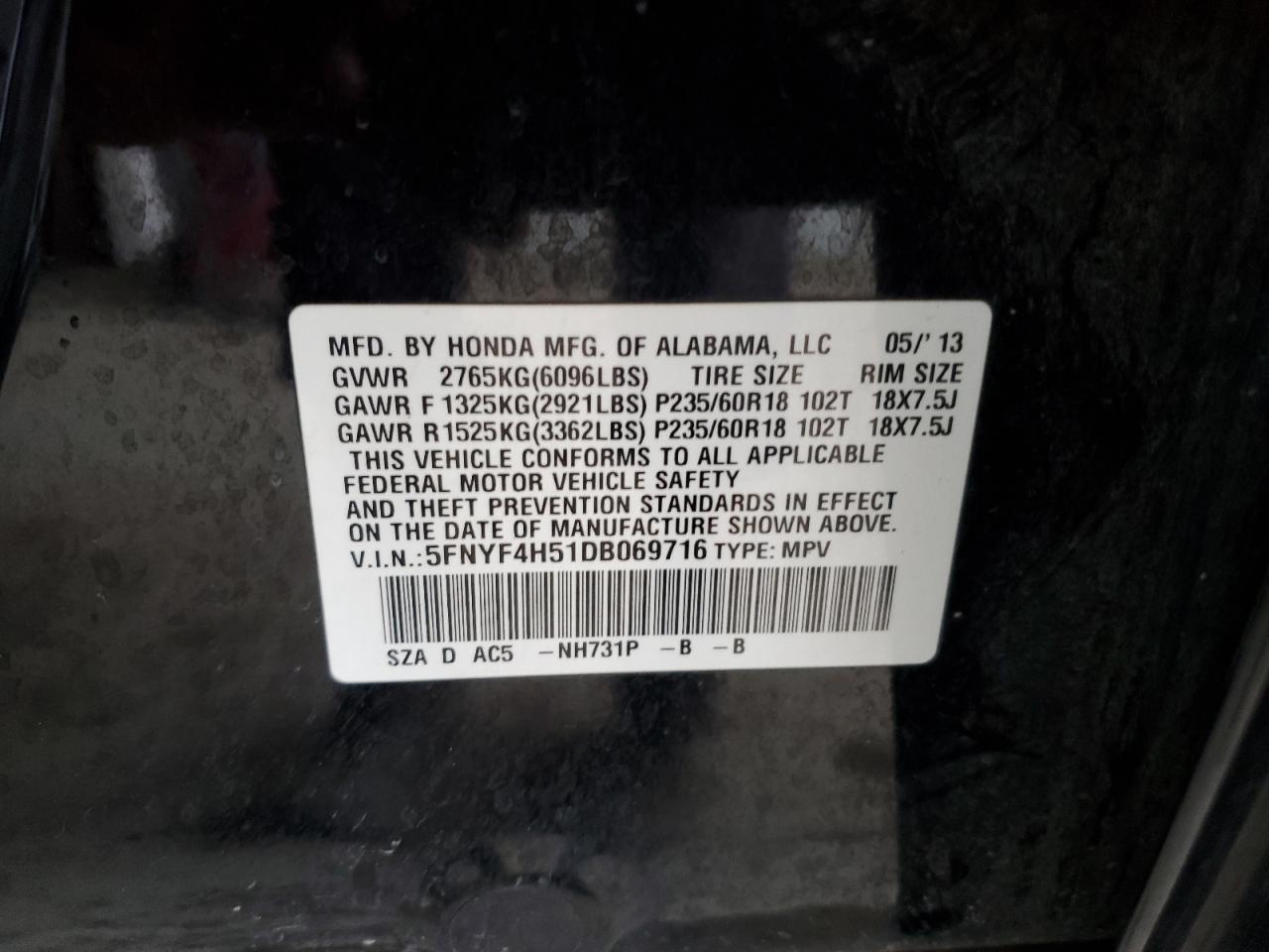 2013 Honda Pilot Exl VIN: 5FNYF4H51DB069716 Lot: 70473805