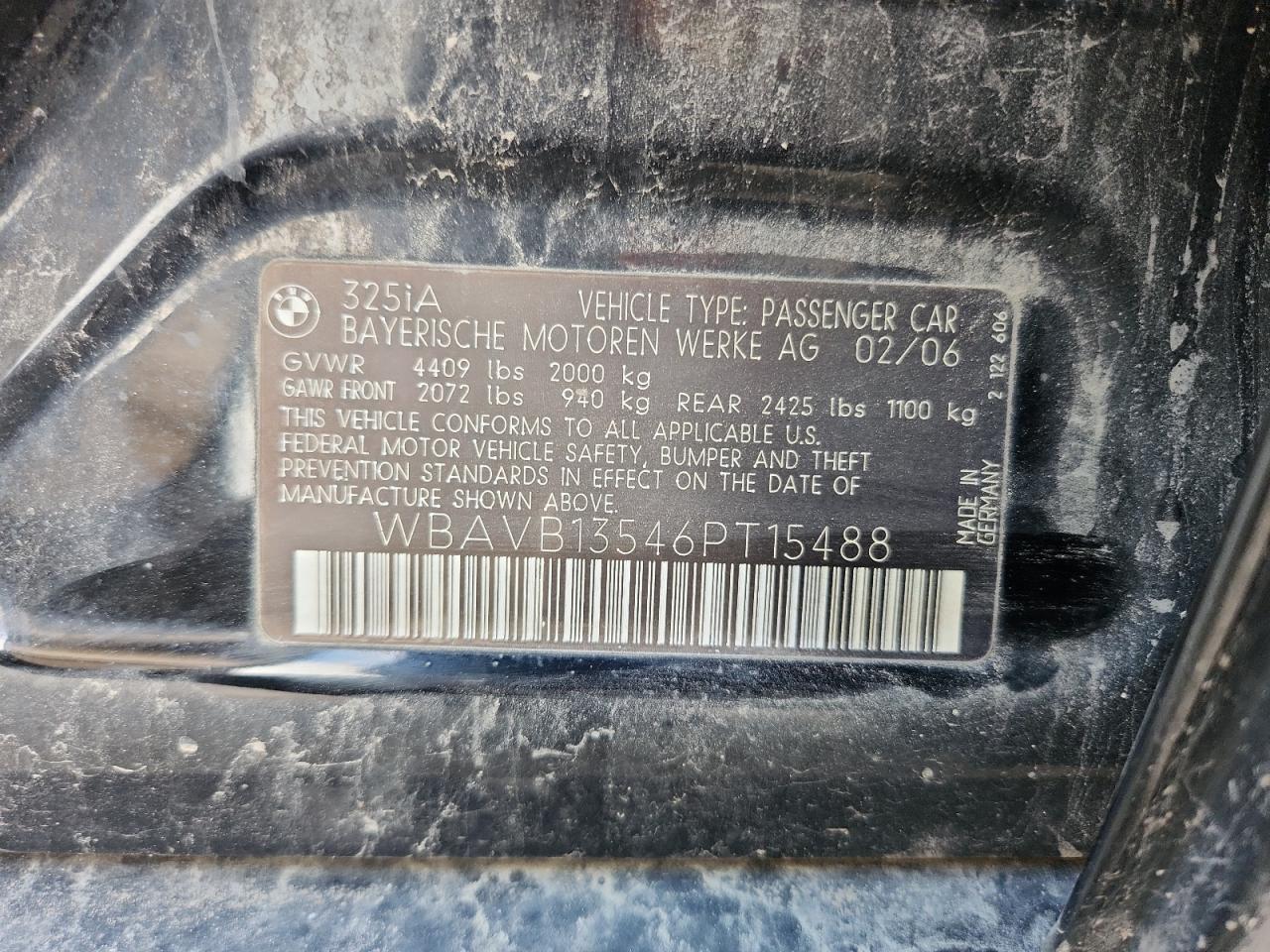 2006 BMW 325 I VIN: WBAVB13546PT15488 Lot: 70577235