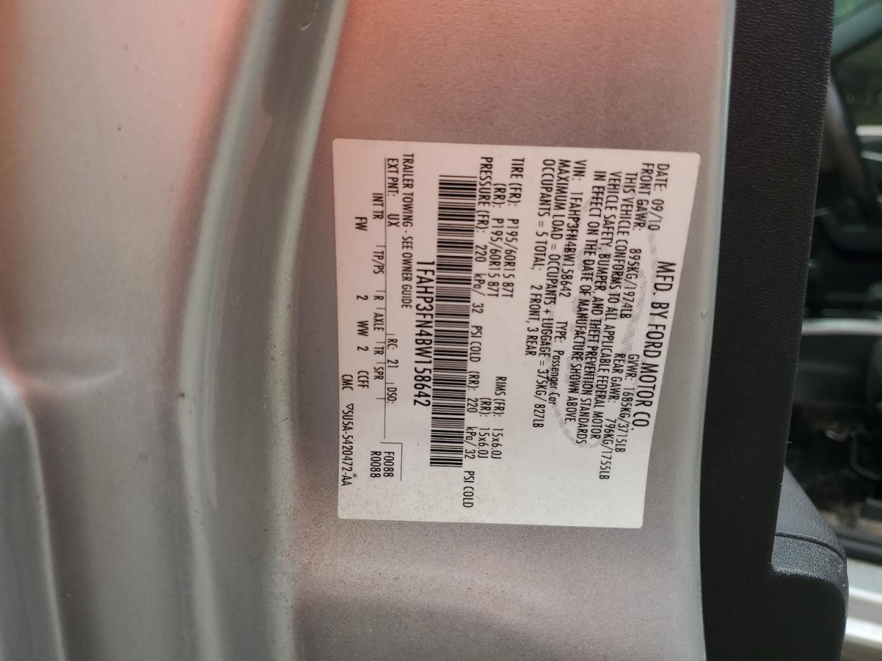 2011 Ford Focus Se VIN: 1FAHP3FN4BW158642 Lot: 68846005