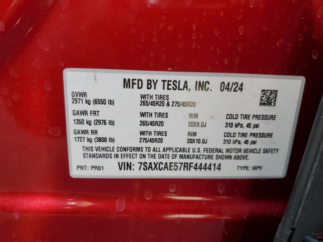 2024 Tesla Model X VIN: 7SAXCAE57RF444414 Lot: 70781065