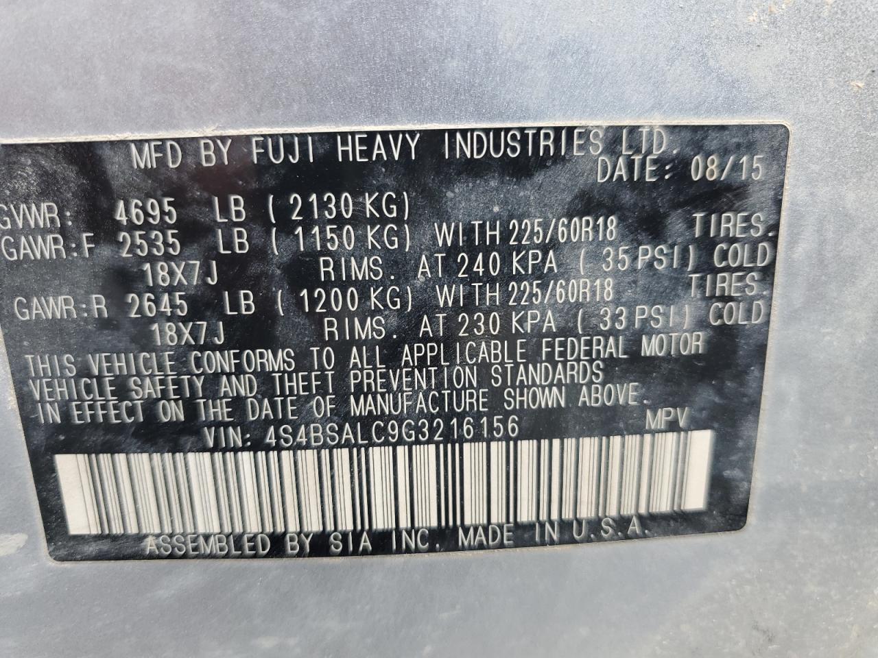 2016 Subaru Outback 2.5I Limited VIN: 4S4BSALC9G3216156 Lot: 67994665