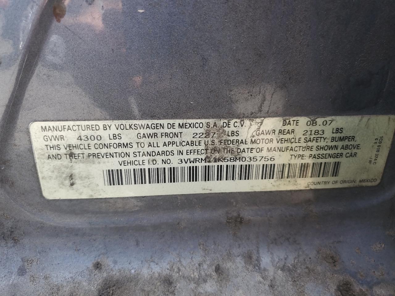 2008 Volkswagen Jetta Se VIN: 3VWRM71K58M035756 Lot: 69183845