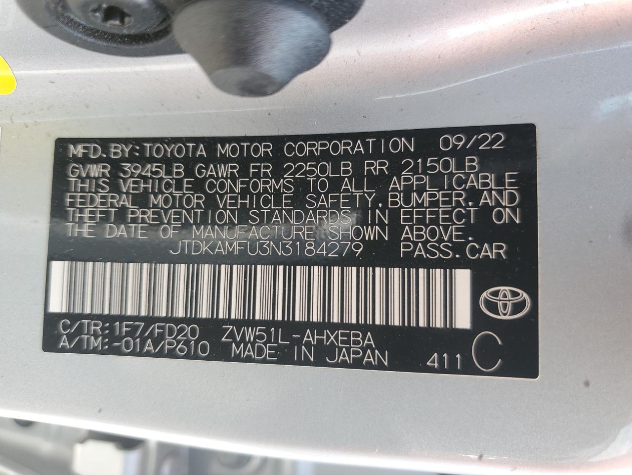 2022 Toyota Prius Night Shade VIN: JTDKAMFU3N3184279 Lot: 68371565