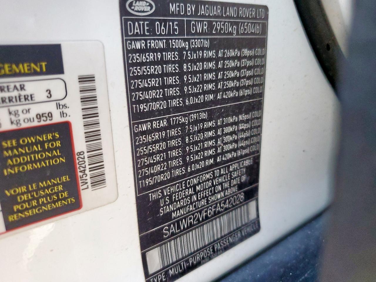 2015 Land Rover Range Rover Sport Hse VIN: SALWR2VF6FA542028 Lot: 69187175