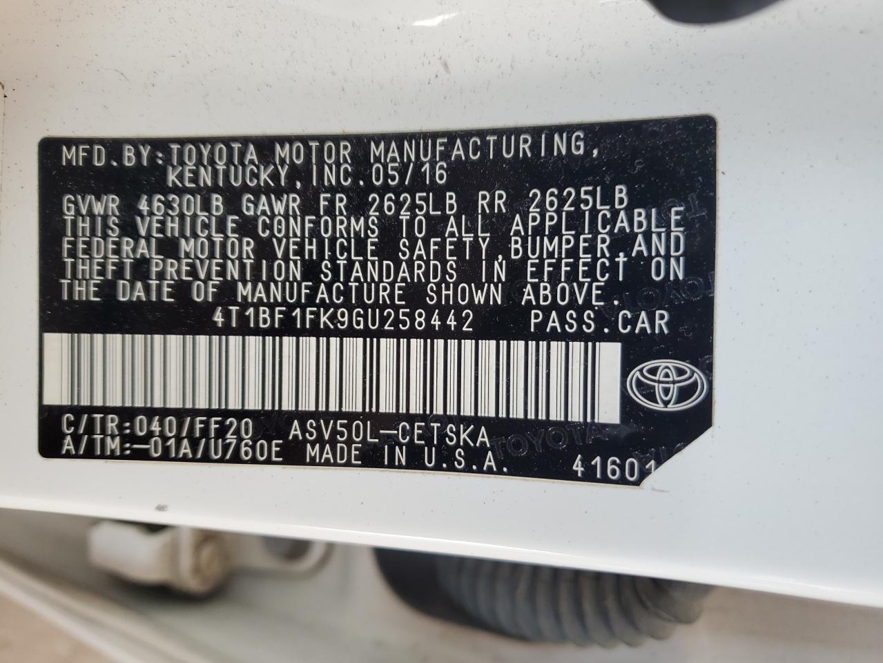 2016 Toyota Camry Le VIN: 4T1BF1FK9GU258442 Lot: 69881865