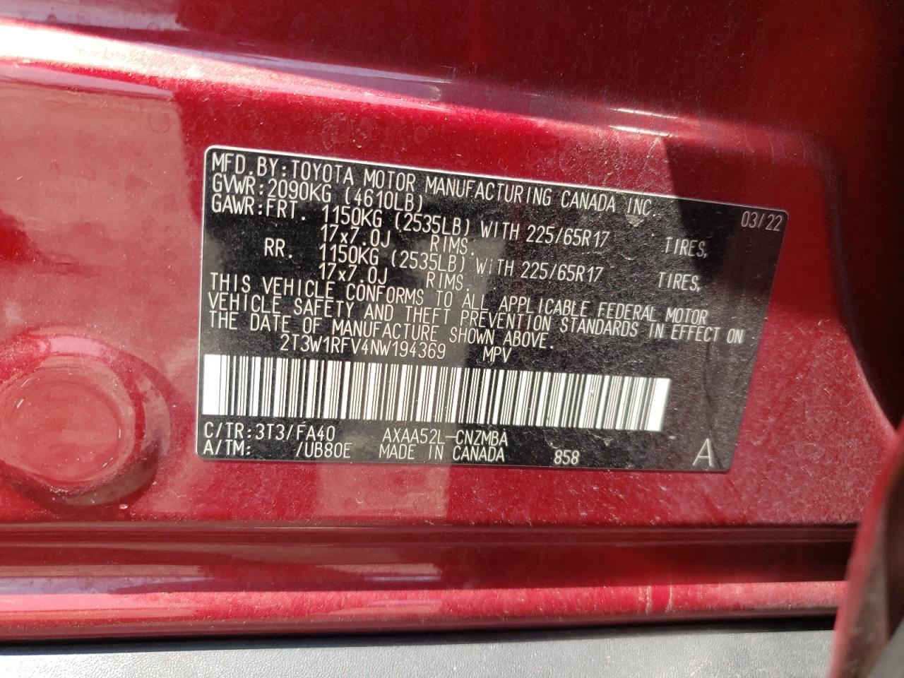 2022 Toyota Rav4 Xle VIN: 2T3W1RFV4NW194369 Lot: 68118655