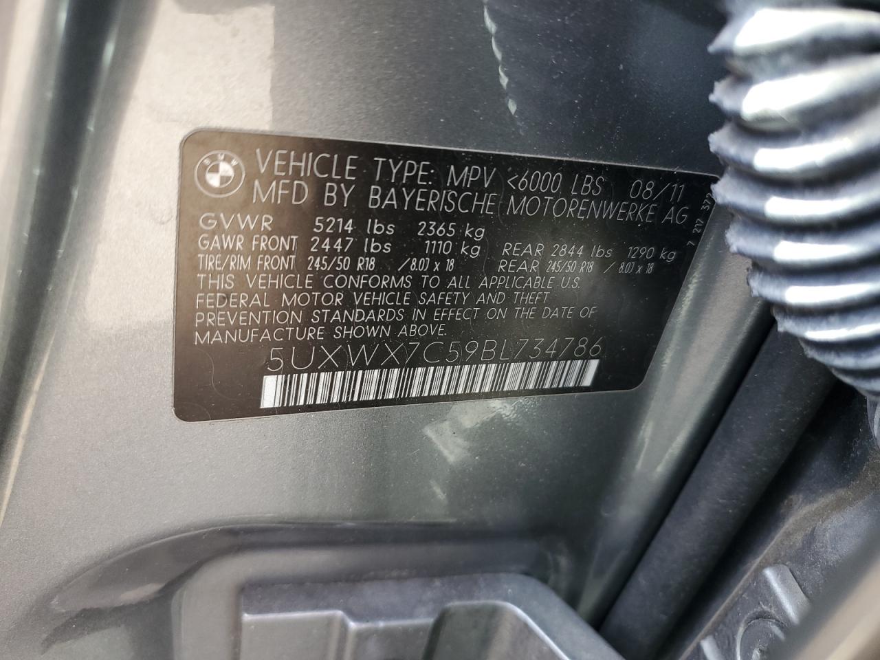 2011 BMW X3 xDrive35I VIN: 5UXWX7C59BL734786 Lot: 70626585