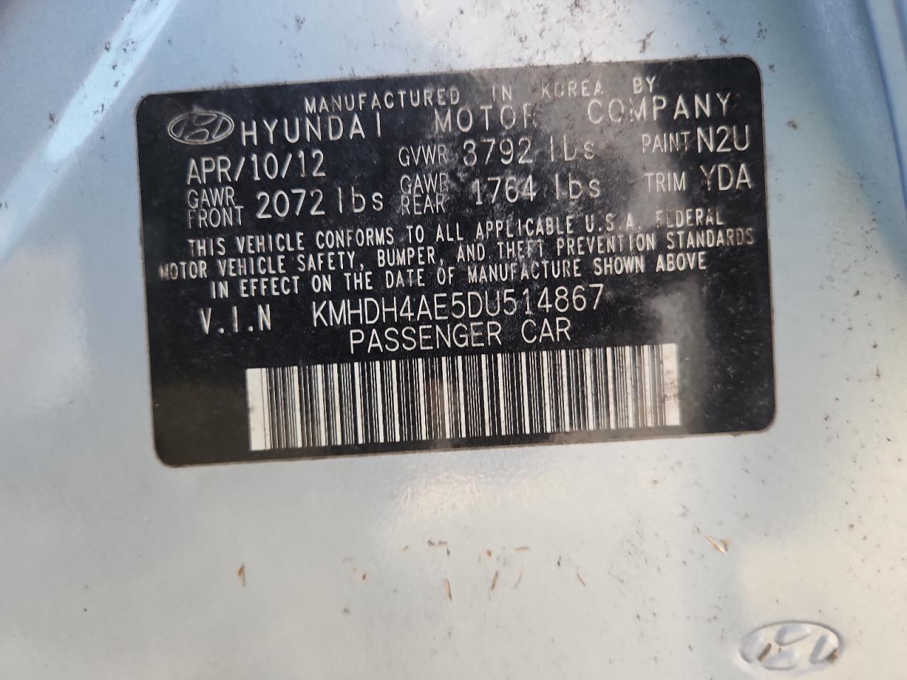 2013 Hyundai Elantra Gls VIN: KMHDH4AE5DU514867 Lot: 68778595