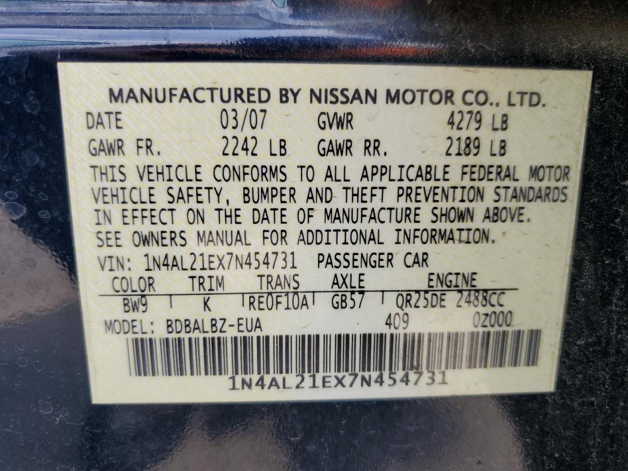 2007 Nissan Altima 2.5 VIN: 1N4AL21EX7N454731 Lot: 67152045