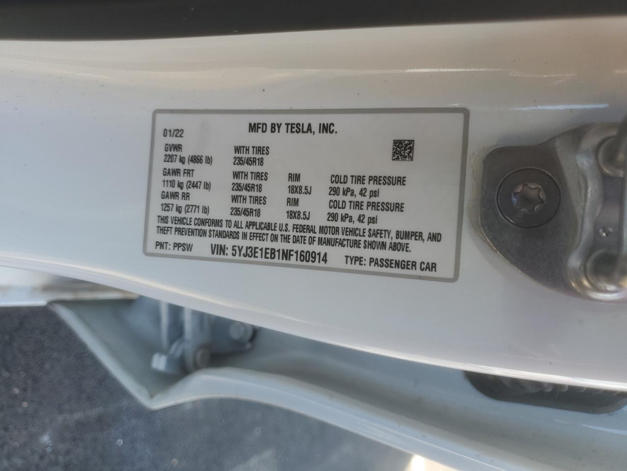 2022 Tesla Model 3 VIN: 5YJ3E1EB1NF160914 Lot: 70033655